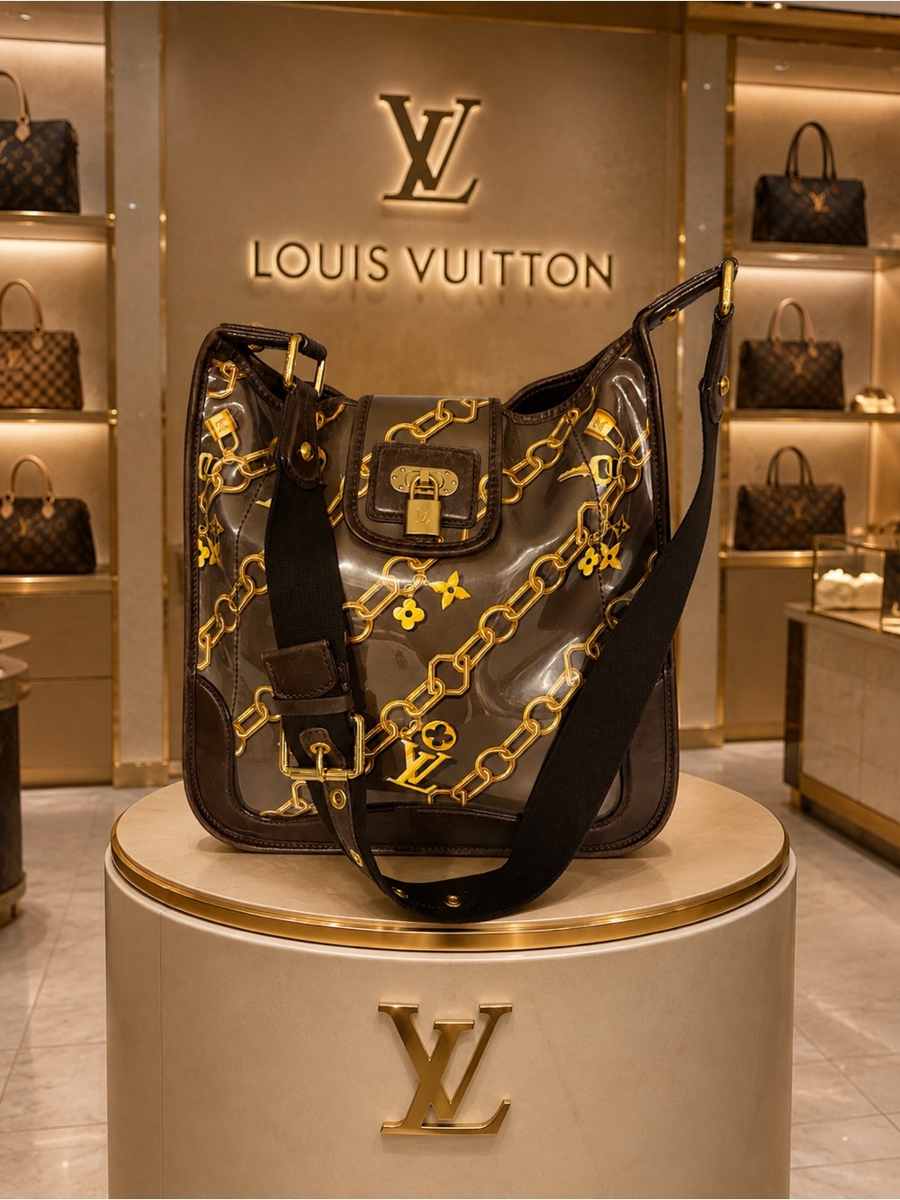 Louis Vuitton Brown and Gold Chain-Print Shoulder Bag